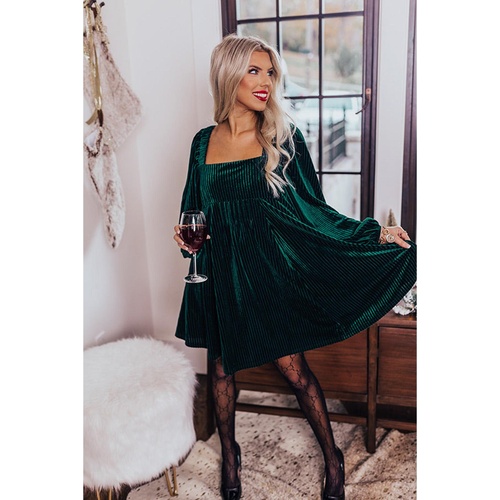 Azura Exchange Green Tie Back Square Neck Velvet Babydoll Dress - XL - Main Image