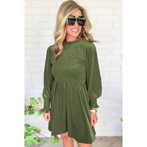 Moss Green Frilled Neck Smocked Bodice Velvet Dress - L - Main Image