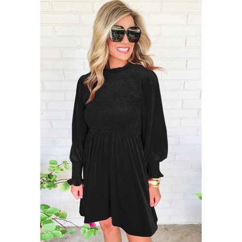Black Frilled Neck Smocked Bodice Velvet Dress - XL - Main Image