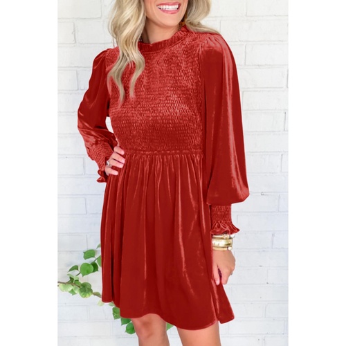 Red Clay Frilled Neck Smocked Bodice Velvet Dress - XL - Main Image