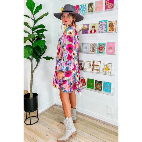 Multicolour Floral Tie Neck Bubble Sleeve Shift Dress - S - Main Image