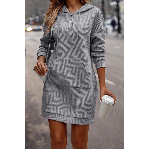 Gray Textured Kangaroo Pocket Drawstring Hooded Mini Dress - XL - Main Image