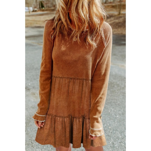 Chestnut Textured Tiered Ruffled Long Sleeve Mini Dress - XL - Main Image