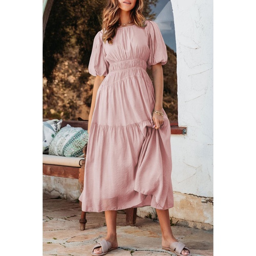 Pink Puff Sleeve Pleated High Waist Flowy Long Dress - M - Main Image