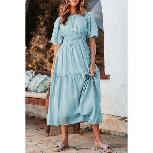 Light Blue Puff Sleeve Pleated High Waist Flowy Long Dress - XL - Main Image