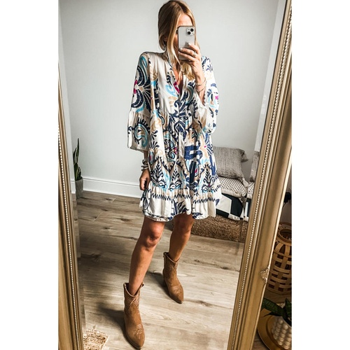 White Printed Tribal Print Bracelet Sleeve Buttoned Mini Dress - S - Main Image