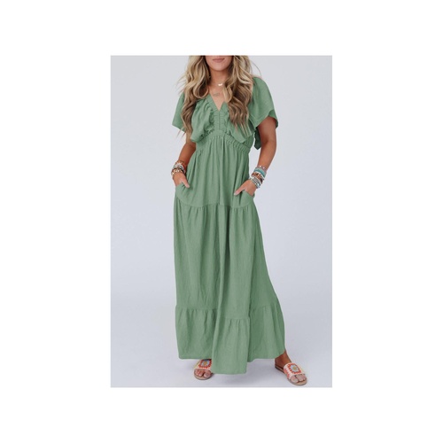 Grass Green Textured V Neck Flutter Sleeve Ruffled Maxi Dress - 2XL - Main Image
