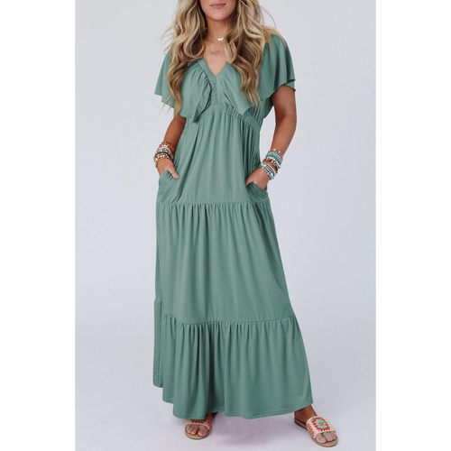 Green Textured V Neck Flutter Sleeve Ruffled Maxi Dress - XL - Main Image