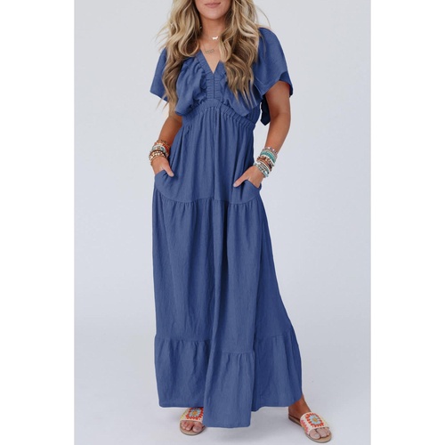 Navy Blue Textured V Neck Flutter Sleeve Ruffled Maxi Dress - L - Main Image
