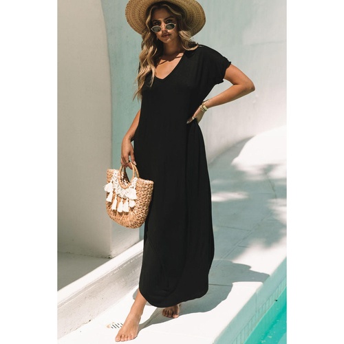 Black V Neck Hidden Pocket Splits Maxi T-shirt Dress - M - Main Image