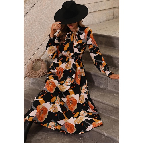 Orange Floral Print Tie Neck Long Sleeve Dress - L - Main Image