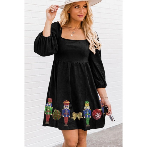 Black Sequined Christmas Nutcracker Square Neck Mini Dress - L - Main Image