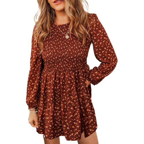 Brown Floral Smocked Bodice Mini Dress - L - Main Image