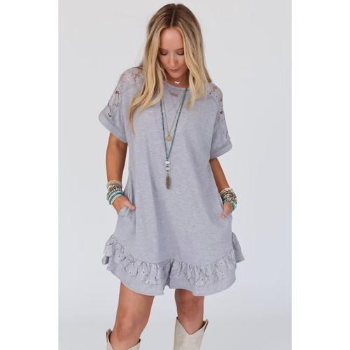 Light Grey Lace Floral Patchwork Ruffled T-shirt Dress - M - Main Image