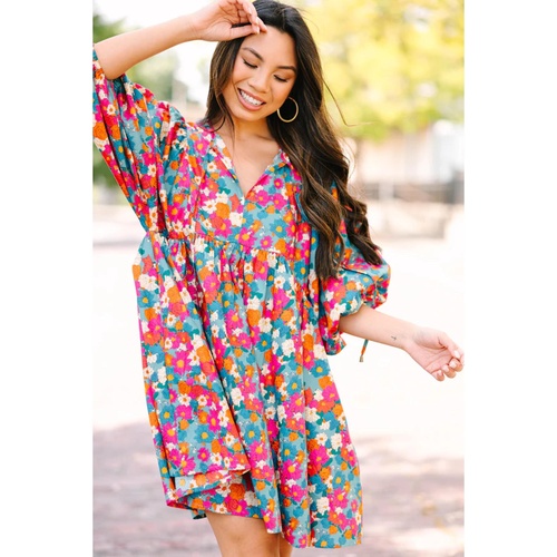 Sky Blue Floral Print Tie Split Neck Bubble Sleeve Babydoll Dress - S - Main Image