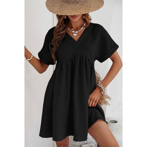 Black Folded Short Sleeve Lace V Neck Mini Dress - S - Main Image