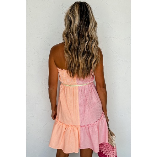 Pink Stripe Color Block Smocked Button Front Frilled Strapless Mini Dress - L - Main Image