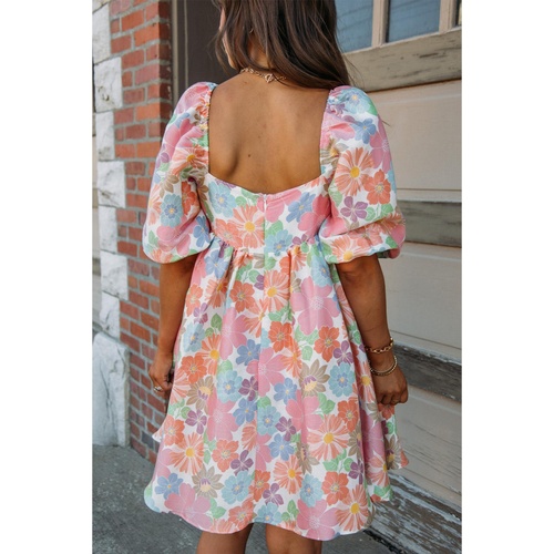 Pink Summer Floral Square Neck Puff Sleeve Babydoll Dress - L - Main Image