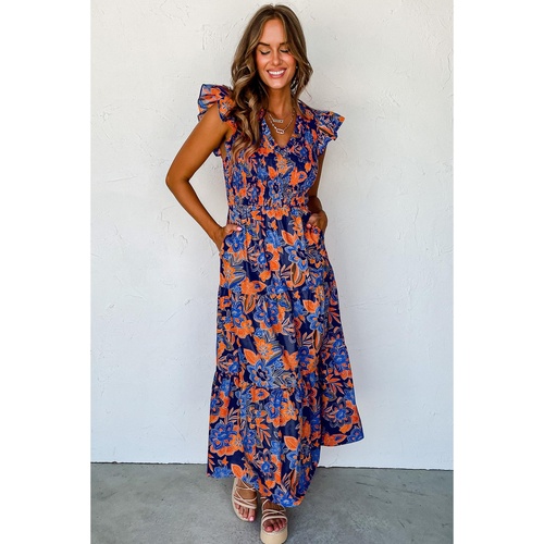 Dark Blue Boho Floral V Neck Ruffle Tiered Long Dress - S - Main Image