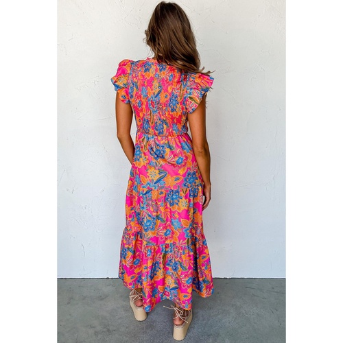 Rose Red Boho Floral V Neck Ruffle Tiered Long Dress - L - Main Image