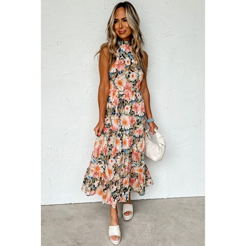 Black Boho Floral Print Knotted Halter Ruffled Maxi Dress - XL - Main Image