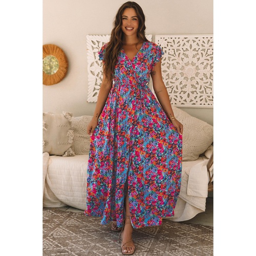Blue Floral Print V Neck Wrap Split Maxi Dress - M - Main Image