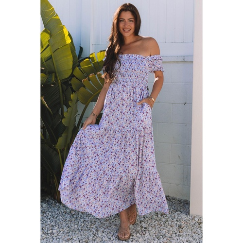 Purple Floral Short Bubble Sleeve Shirred High Waist Maxi Dress - XL - Main Image