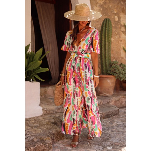 Pink Boho Tie-dye Print V Neck Maxi Dress - M - Main Image