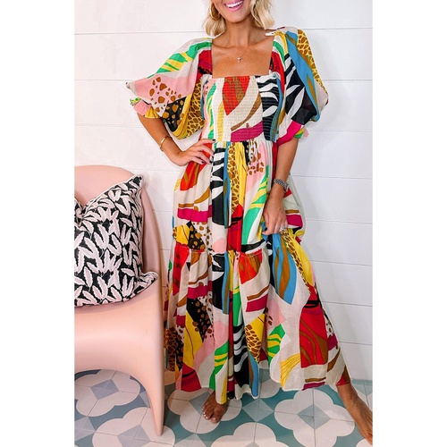 White Square Neck Smocked Abstract Print Boho Maxi Dress - M - Main Image