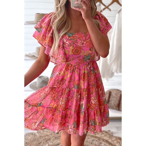 Pink Floral Square Neck Ruffle Sleeve Tiered Dress - L - Main Image