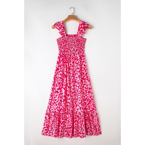 Pink Leopard Ruffle Straps Smocked High Waist Long Dress - L - Main Image