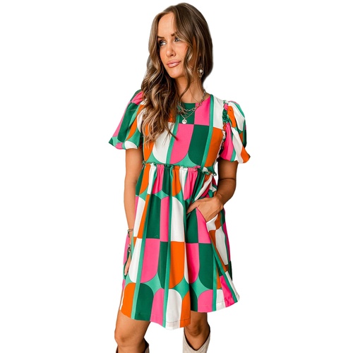 Green Abstract Print Puff Sleeve Short Dress - M - Main Image