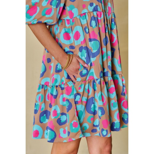 Green Leopard Print Bubble Sleeve Slit Neck Ruffled Dress - XL - Main Image