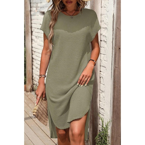 Jungle Green Waffle Texture Curved Hem Side Slit T-shirt Dress - M - Main Image