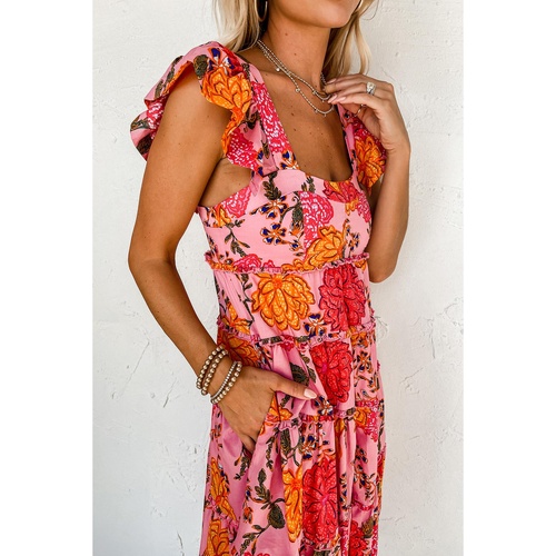 Pink Floral Square Neck Ruffled Flutter Sleeve Tiered Midi Dress - L - Main Image