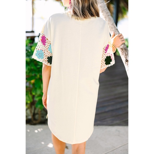 White Floral Crochet Splicing Sleeve T Shirt Dress - L - Main Image