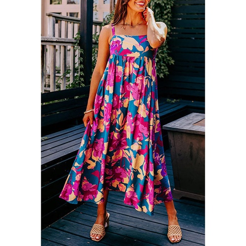 Dark Blue Floral High Waist Sleeveless Flared Long Dress - M - Main Image