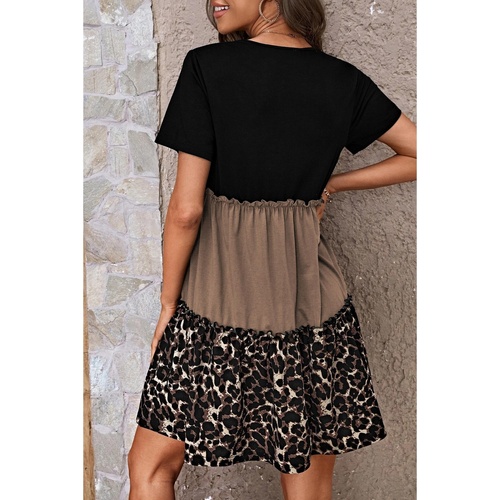 Light French Beige Leopard Print Colorblock Frill Trim T-shirt Dress - M - Main Image