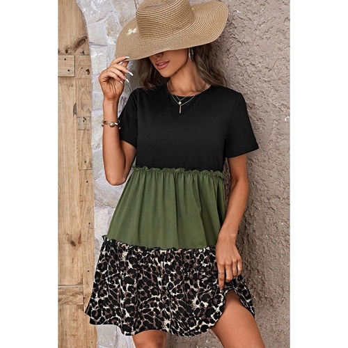 Jungle Green Leopard Print Colorblock Frill Trim T-shirt Dress - S - Main Image