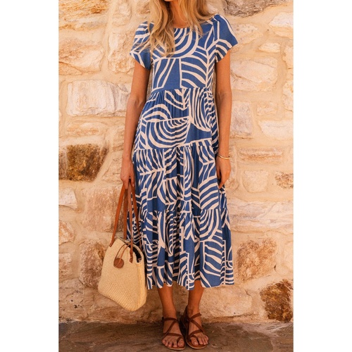 Sky Blue Boho Printed Short Sleeve Flare Tiered Dress - M - Main Image