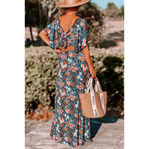 Sky Blue Floral Knotted Back Square Neck Maxi Dress - S - Main Image