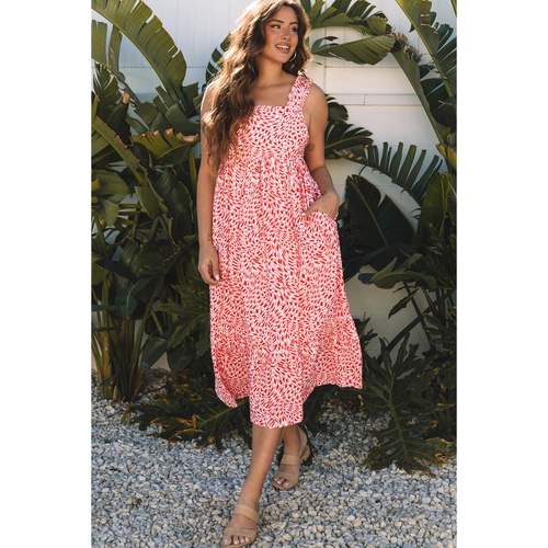 Pink Geometric Print Knot Back Sleeveless Ruffle Hem Dress - L - Main Image