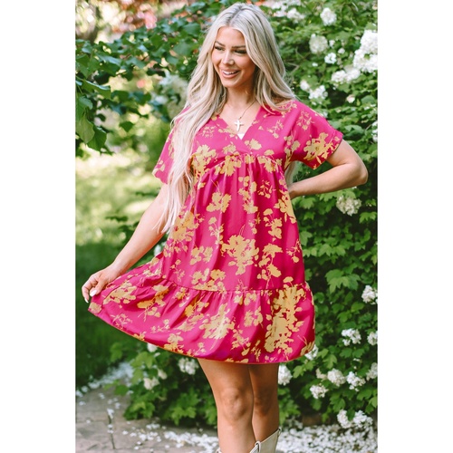 Rose Floral Print Batwing Sleeve Smock Dress - L - Main Image