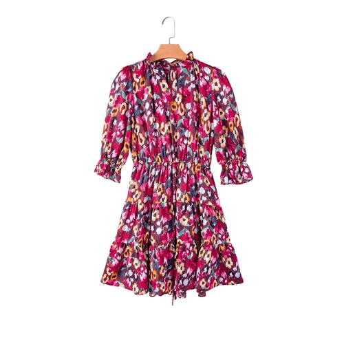 Rose Red Floral Print Tiered Ruffled Half Sleeve V Neck Dress - L - Main Image