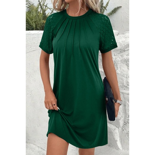 Green Contrast Lace Raglan Sleeve Pleated Detail Shift Dress - L - Main Image