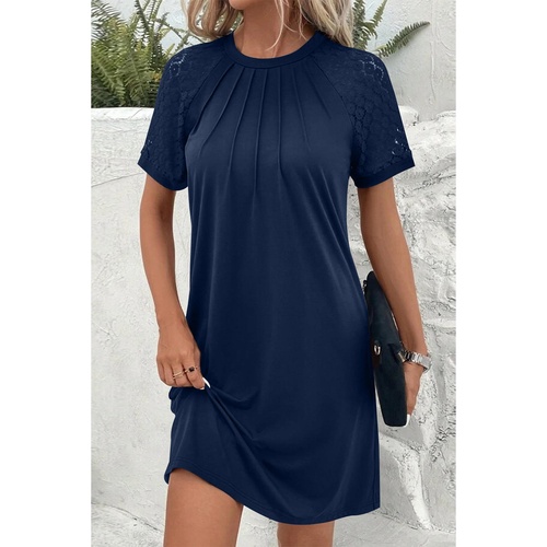 Navy Blue Contrast Lace Raglan Sleeve Pleated Detail Shift Dress - L - Main Image