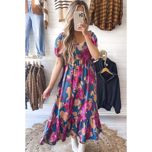 Dark Blue Square Neck Bubble Sleeve Ruffled Floral Dress - S - Main Image