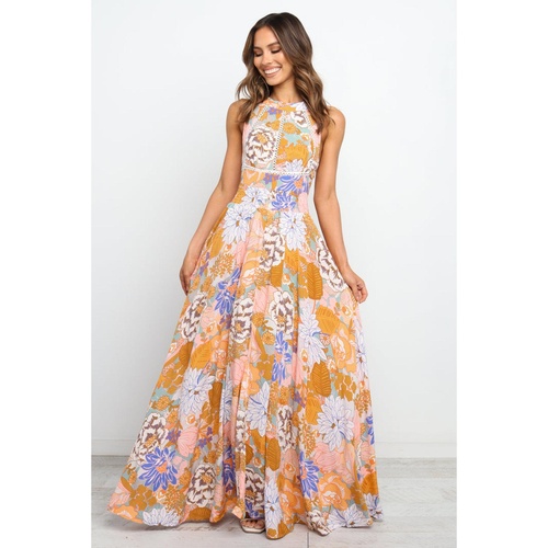 Orange Boho Floral Backless Lace up Sleeveless Maxi Dress - L - Main Image