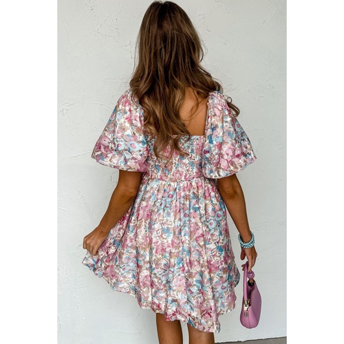 Pink Floral Puff Sleeve Square Neck Smock Ruffled Dress - L - Main Image