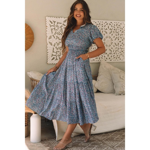 Blue Printed V Neck Shirred Short Puff Sleeve Maxi Dress - L - Main Image
